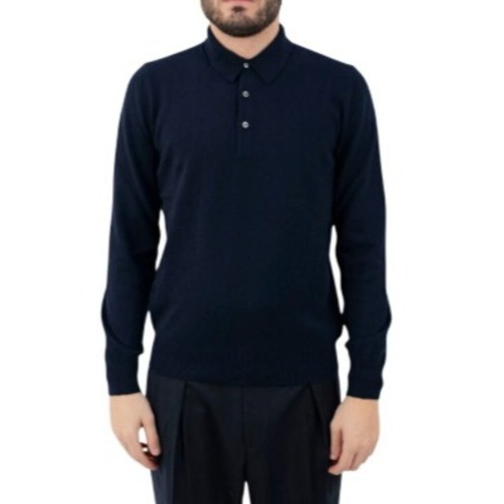 Gran Sasso Men's Small Polo Sweater 100% Virgin Wool Blue Collared Buttons